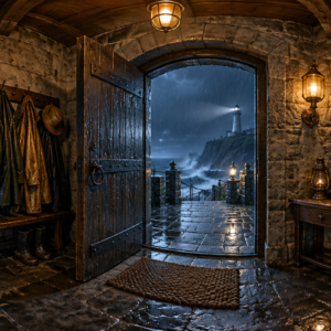 stormbound lighthouse vestibule at night